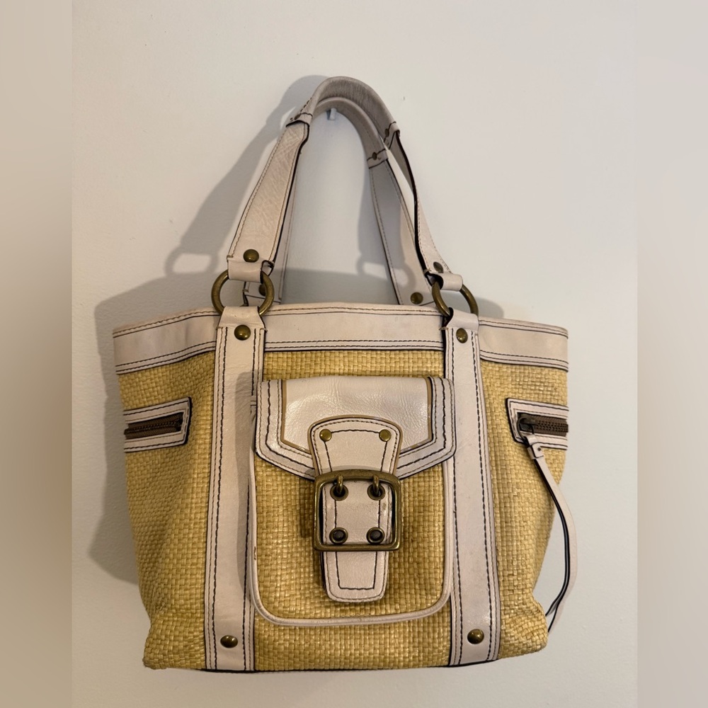 Coach Legacy Natural Woven Straw Bag with White Leather